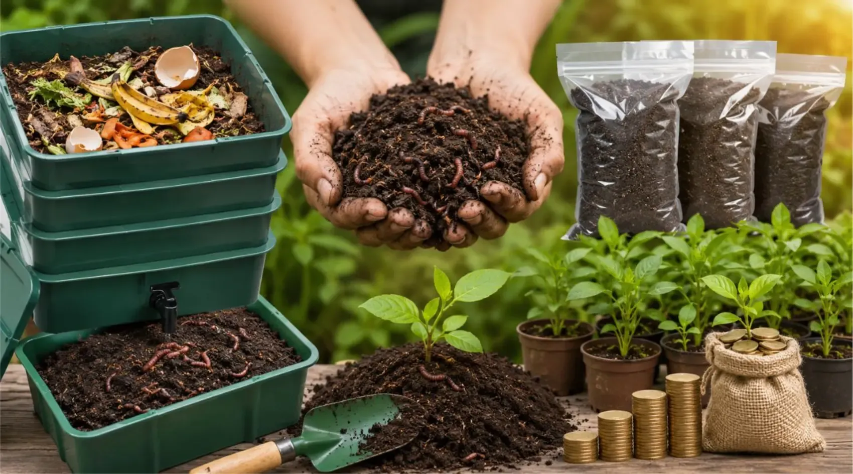 Kitchen scraps, a handful of vermicompost with earthworms, packaged compost bags and young seedlings