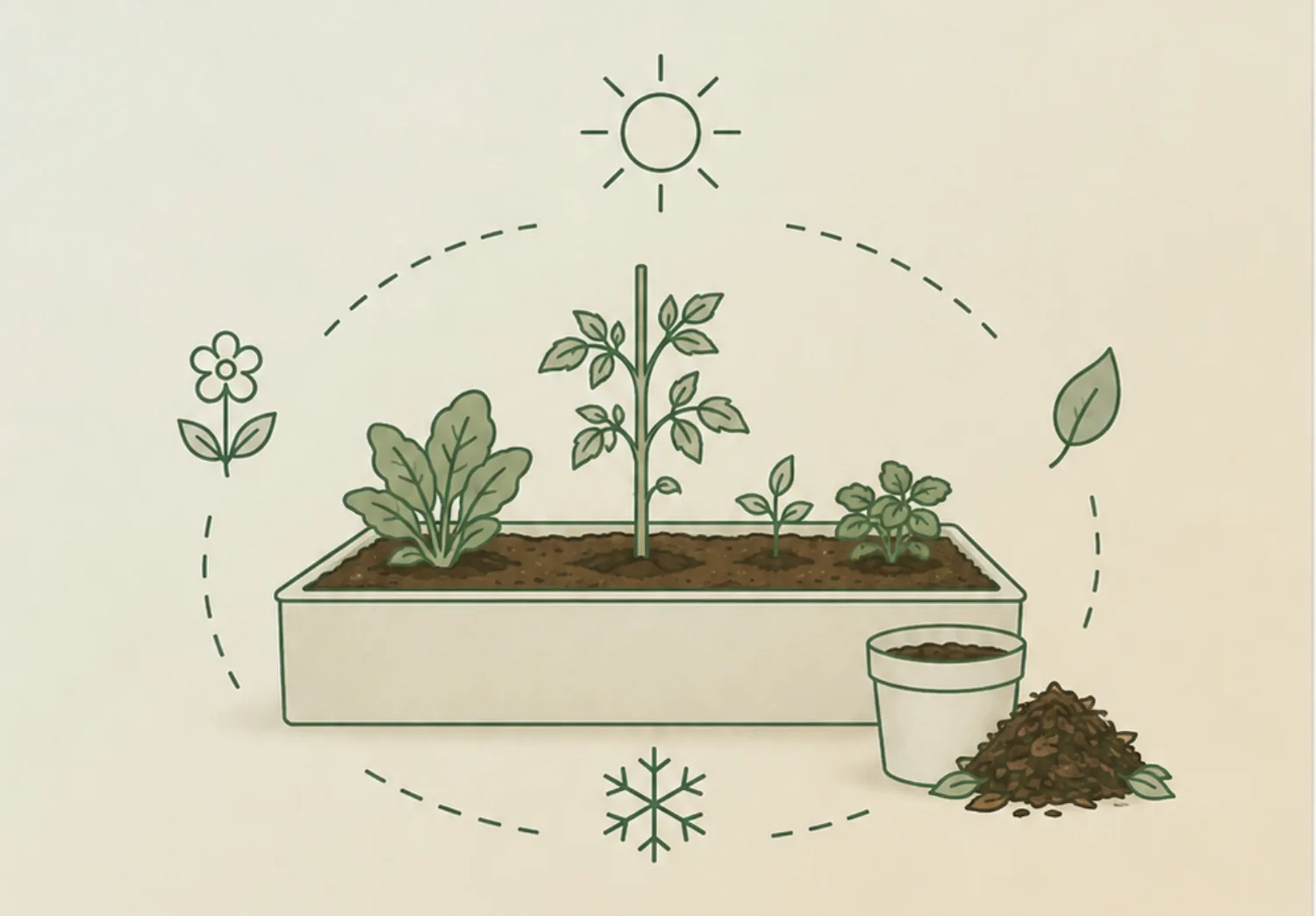 A raised garden bed with growing plants, surrounded by seasonal icons for sun, cold, flowering and foliage