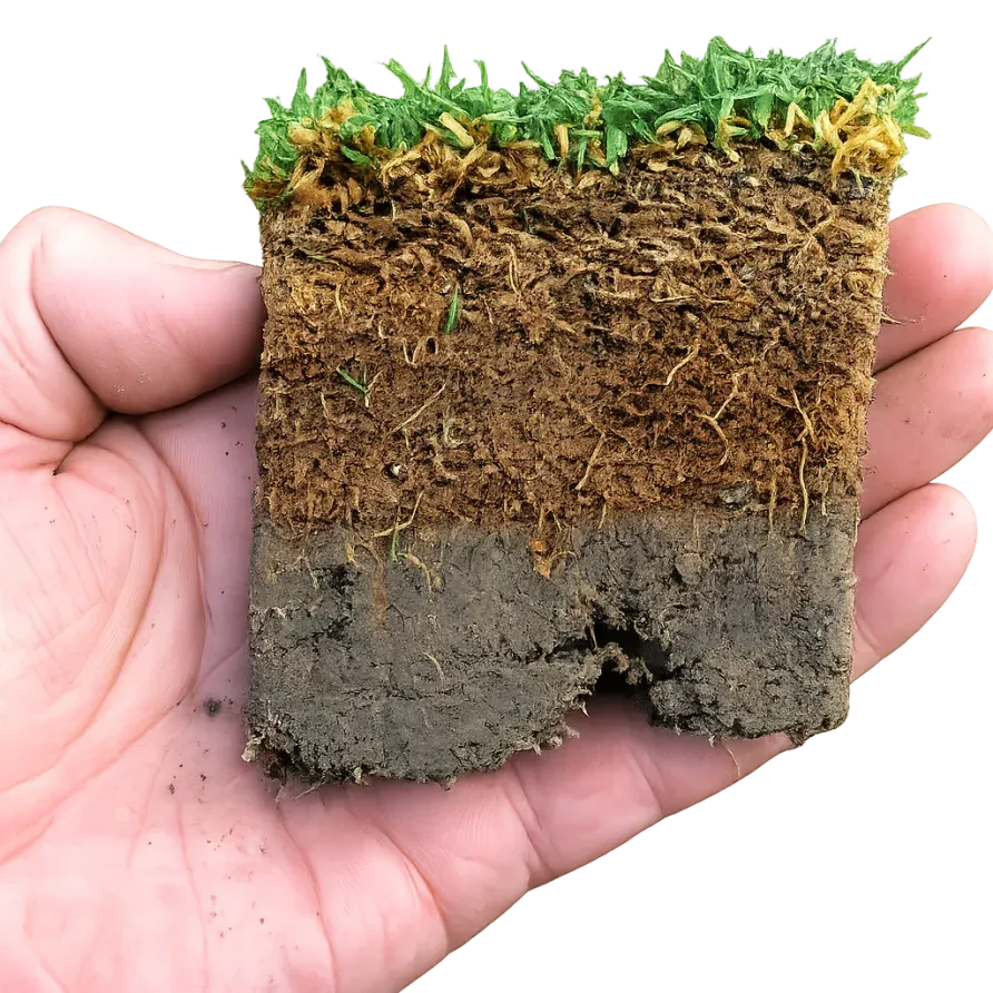 A hand holding a cross-section block of healthy, living soil